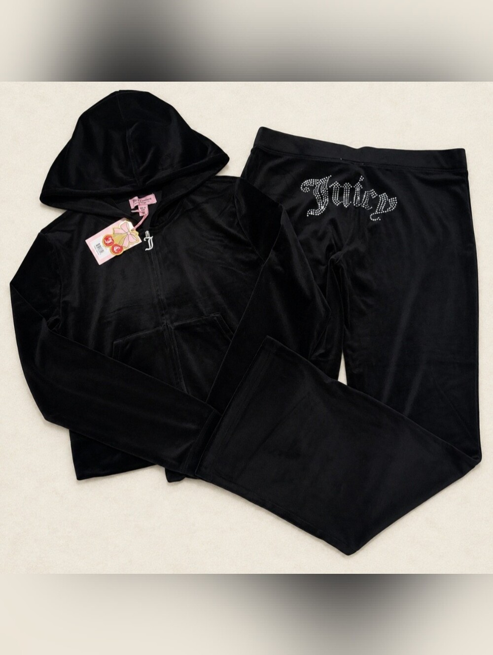Juicy Couture Liquorice Velour Rhinestone Logo Zip Up Hoodie & Pants Set - M